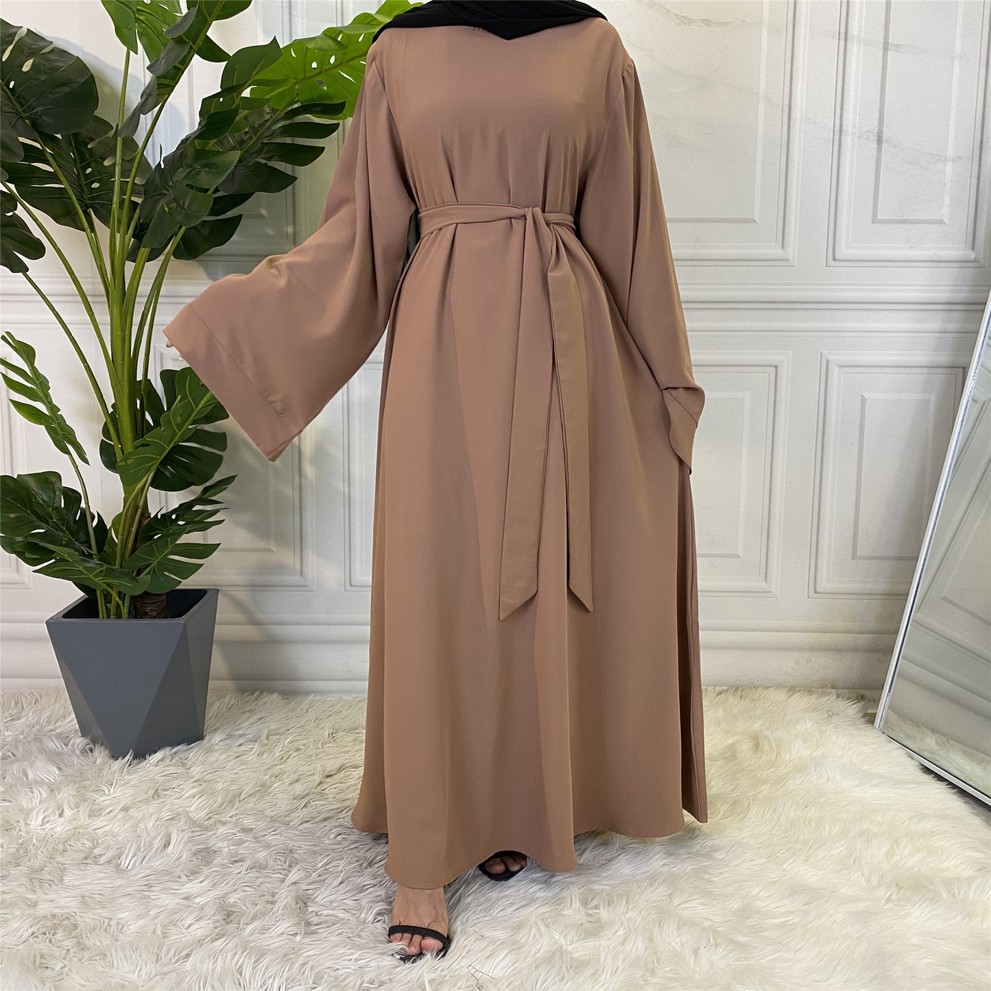 Solid Color Lace Up Muslim Dress Clothing