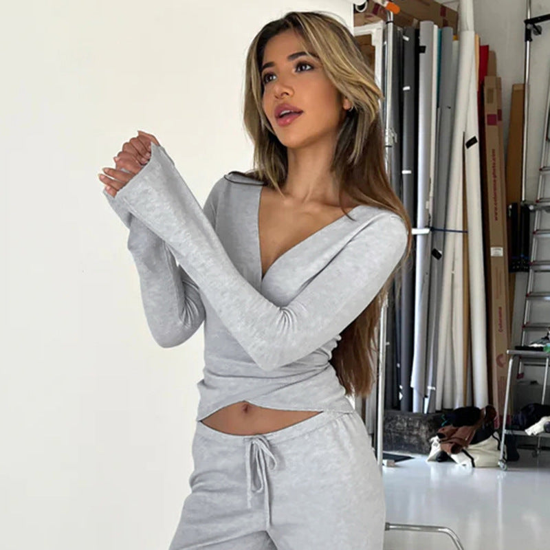 Basic Long Sleeve High Waist Drawstring Suits