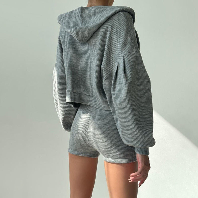 Solid Color Knitted Zipper Hooded Triangle Suits