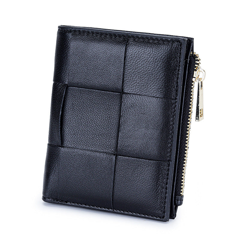 Women's Short Sheepskin Woven Fashion Folding Multifunctional Ladies Wallets