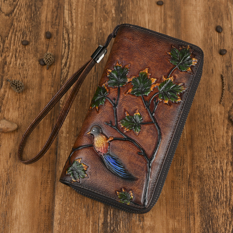 Women's Tanned Leather Long Embossed Swiping Clutch Fashion Ladies Wallet