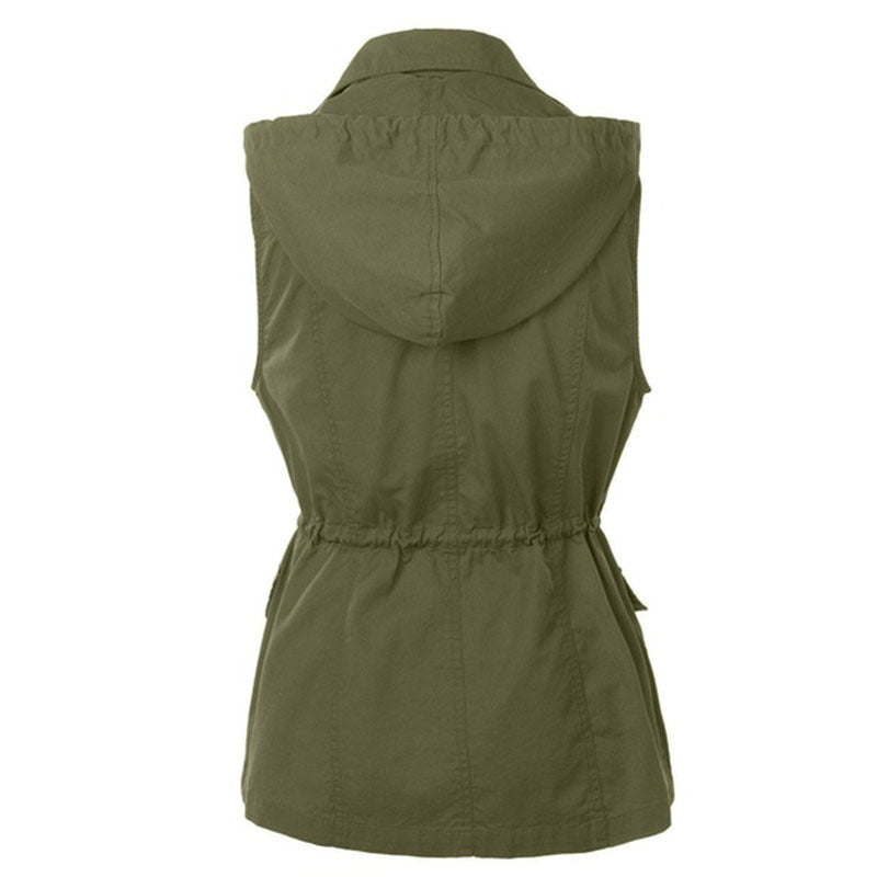 Women's Solid Color Work Hooded Drawstring Sleeveless Vests