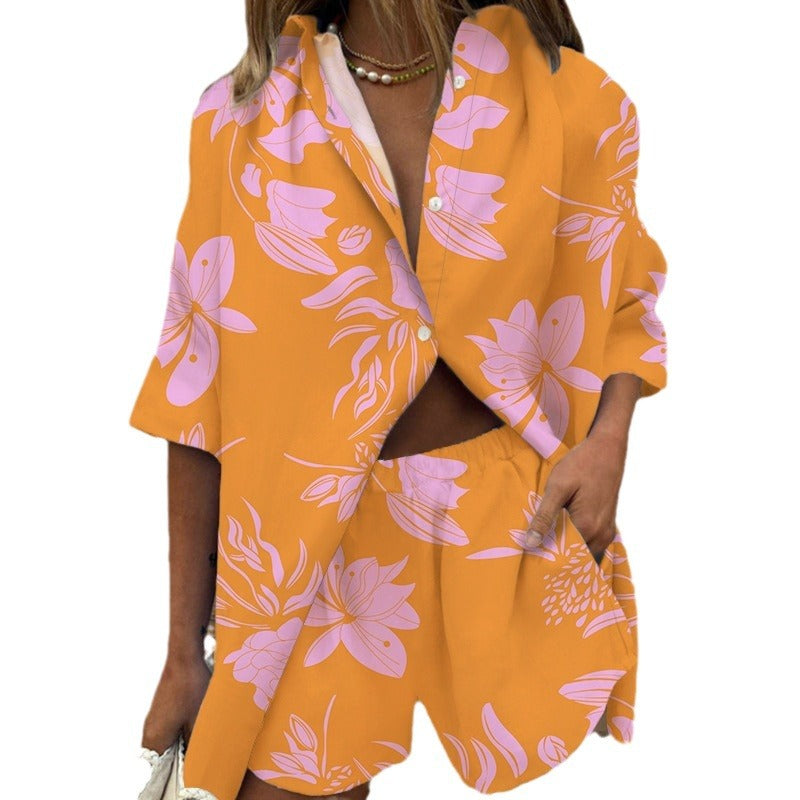 Women's Rollneck Shirt Printed Two-piece Set Wide Suits