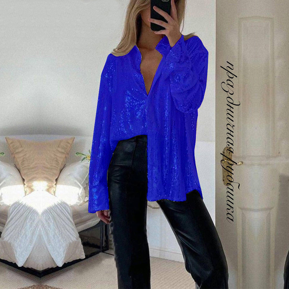 Women's Sequin Lapel Long Sleeve Sexy Shirt Blouses