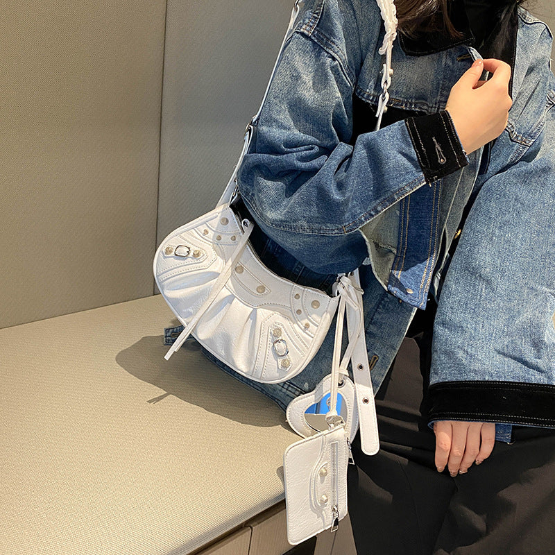 Women's Underarm Retro Rivet Motorcycle Pleated Crescent Crossbody Bags