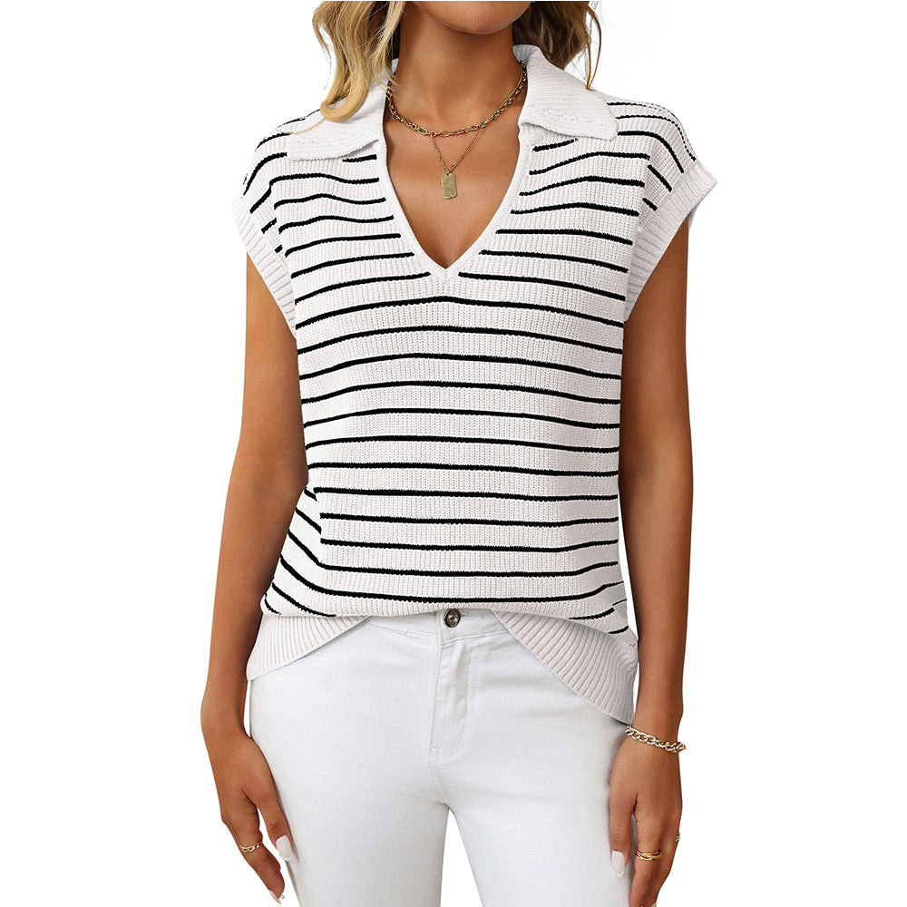 Women's Summer Knitted Casual Striped Lapel Sweaters