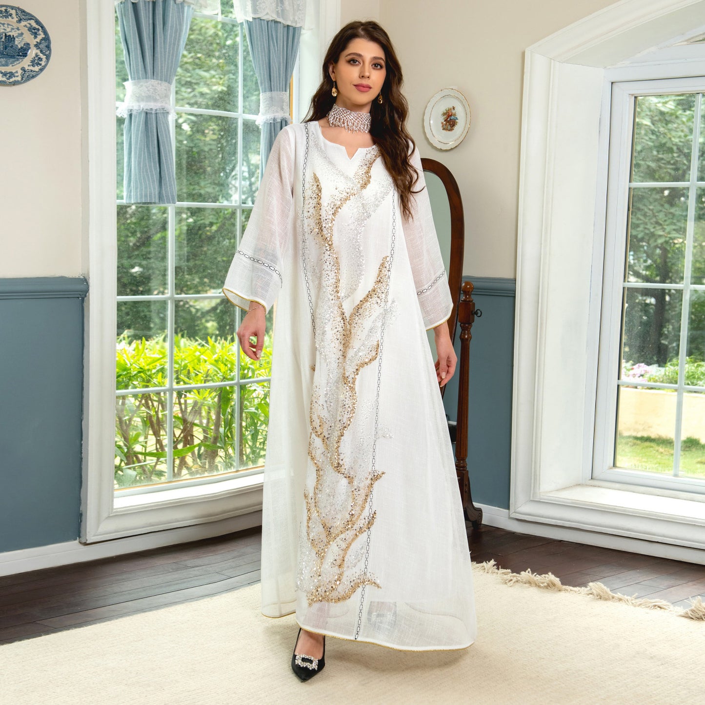Mesh Sequin Embroider Muslim Dress Saudi Clothing
