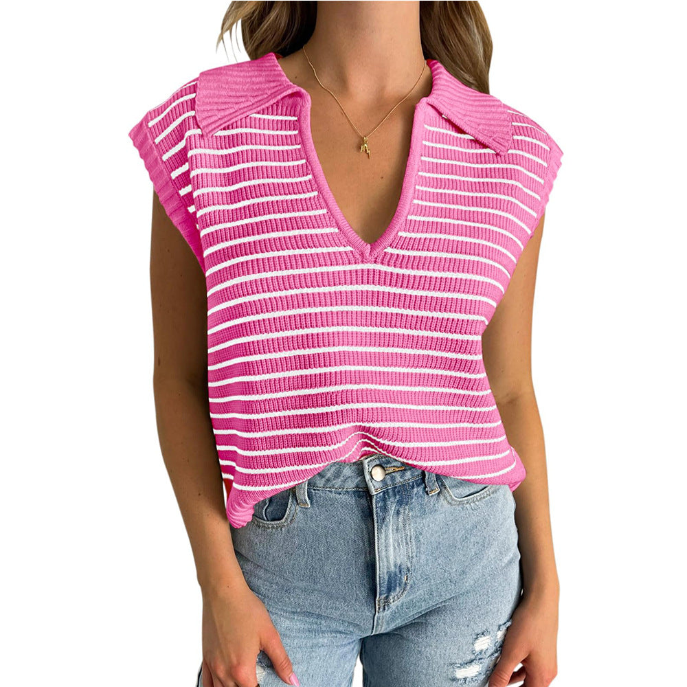 Women's Summer Knitted Casual Striped Lapel Sweaters