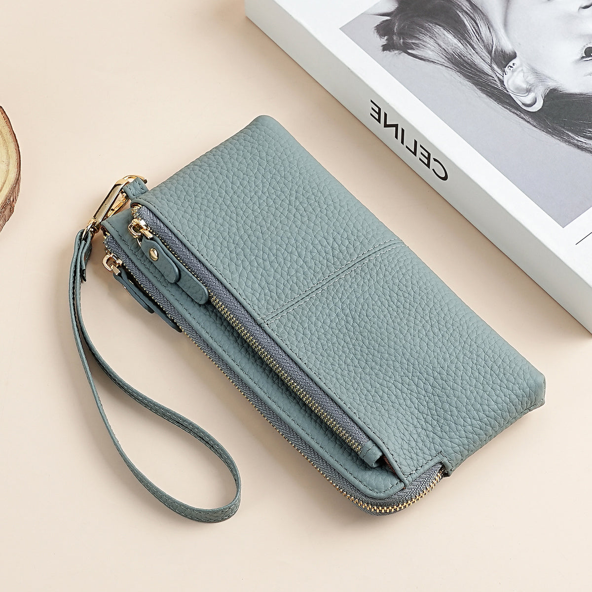 Women's Detachable Wrist Strap Long Genuine Leather Multifunctional Mobile Three Layers Handbags