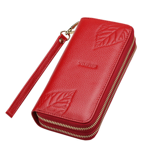 Women's Layer Cowhide Long Double Zipper Large Ladies Wallets