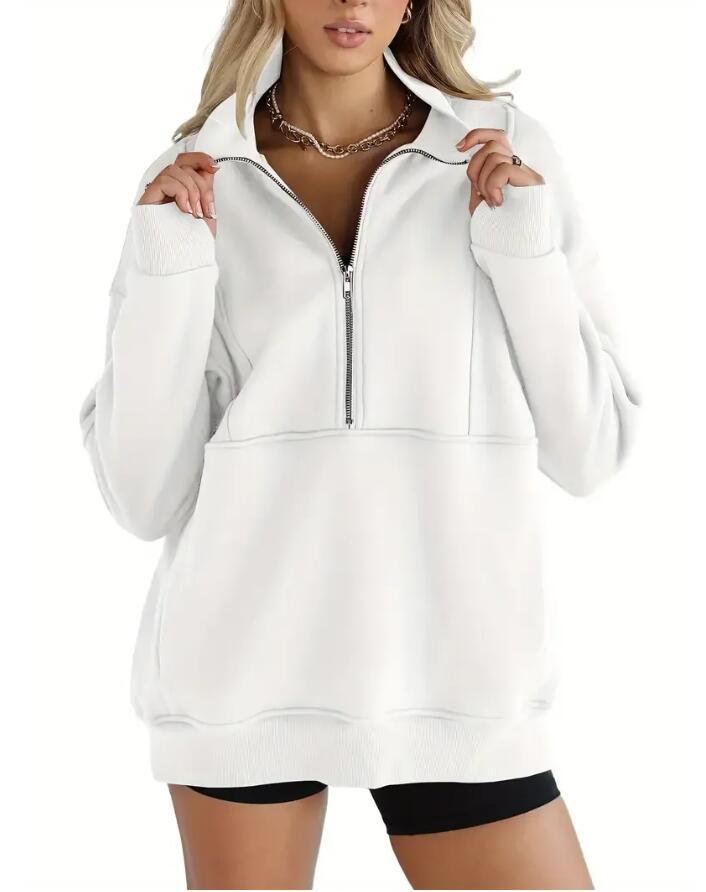 Women's Zipper Patchwork Pocket Brushed Hoody Loose Sweaters