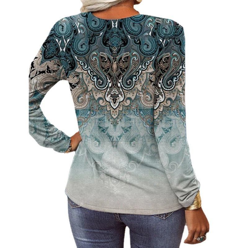 Women's Long-sleeved Printed Ethnic Fashion T-shirt Blouses