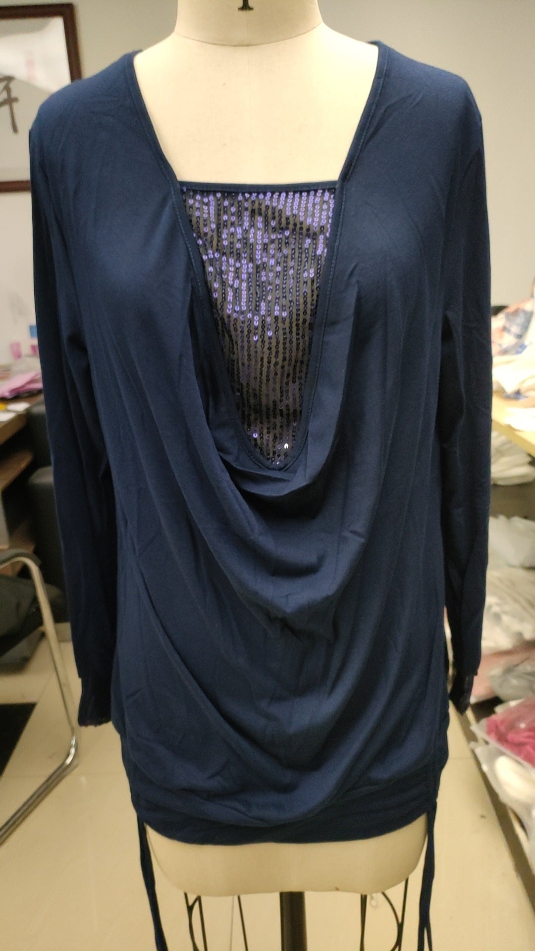Pure Color Sequins Stitching Long-sleeved Elegant Blouses