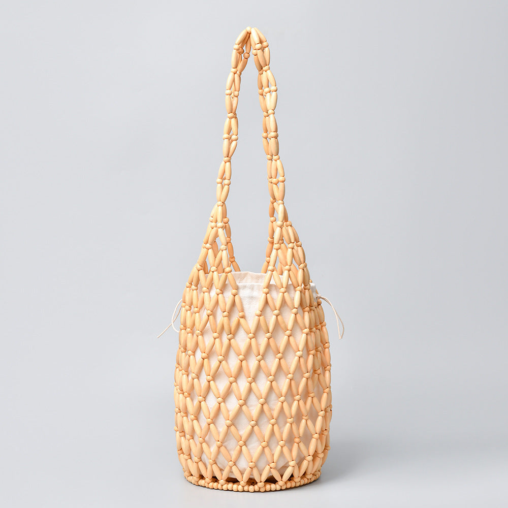 Women's With Wooden Beads Decoration Hand-woven Vacation Handbags