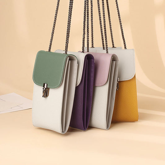 Women's Simple Contrast Color Design Chain Genuine Phone Bags