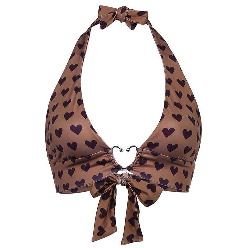 Sweet Loving Heart Printed Metal Buckle Halter Strap Outer Tops