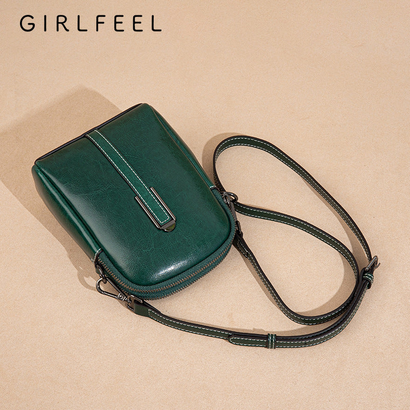 Women's Trendy Vintage Oil Wax Cowhide Double Crossbody Bags
