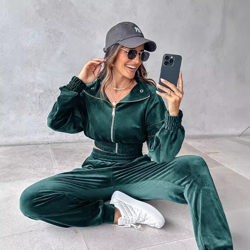 Women's Fashion Casual Zipper Fastener Decoration Veet Suits
