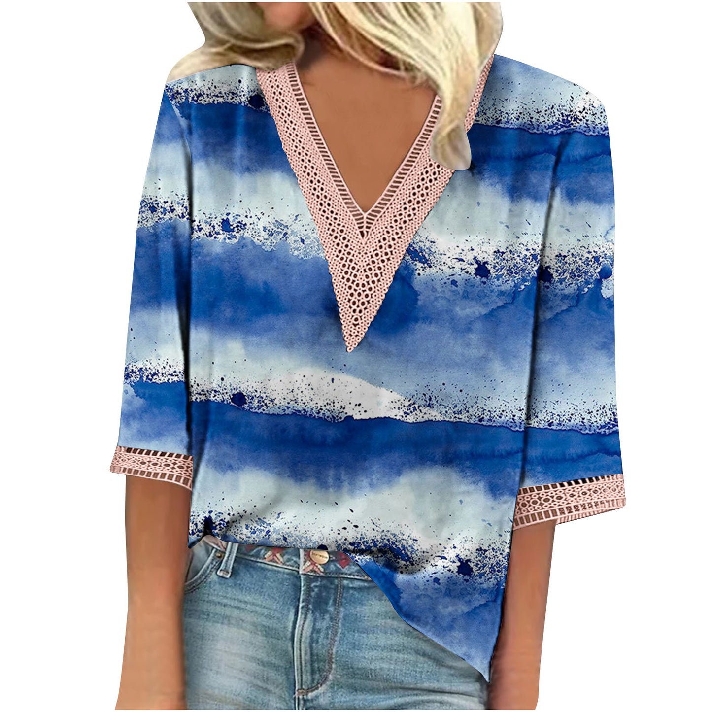 Women's Summer Printed Lace Stitching Sleeve T-shirt Blouses