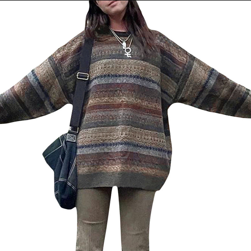 Women's American Vintage Stripe Long-sleeved Leisure Pullover Sweaters