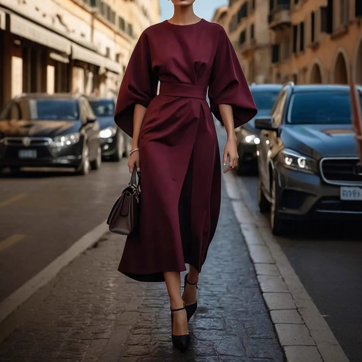 Women's Elegant Solid Color Waist Tight Dress Casual Dresses