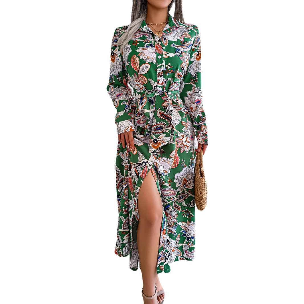 Women's Vintage Flower Lapel Tied Shirt Dress Clothing