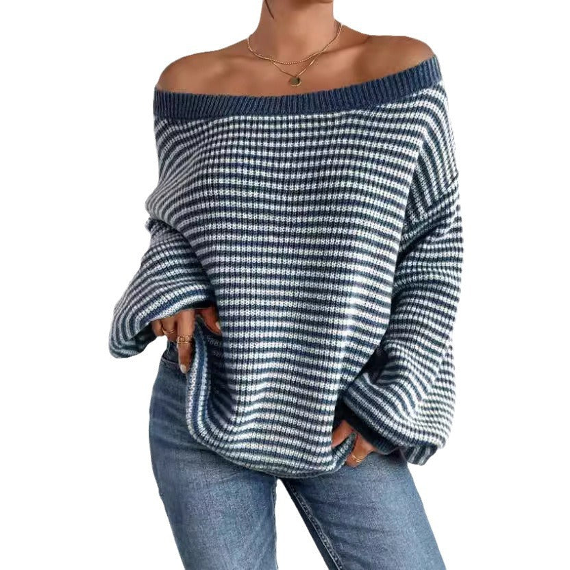 Women's Contrast Color Striped Lantern Sleeve Sweaters