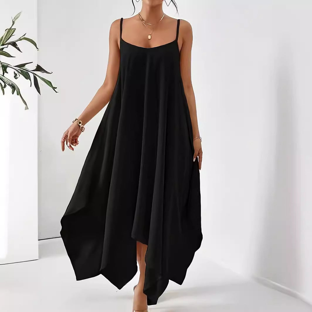 Women's Fashion Solid Color Strap Backless Irregular Sleeveless Dresses