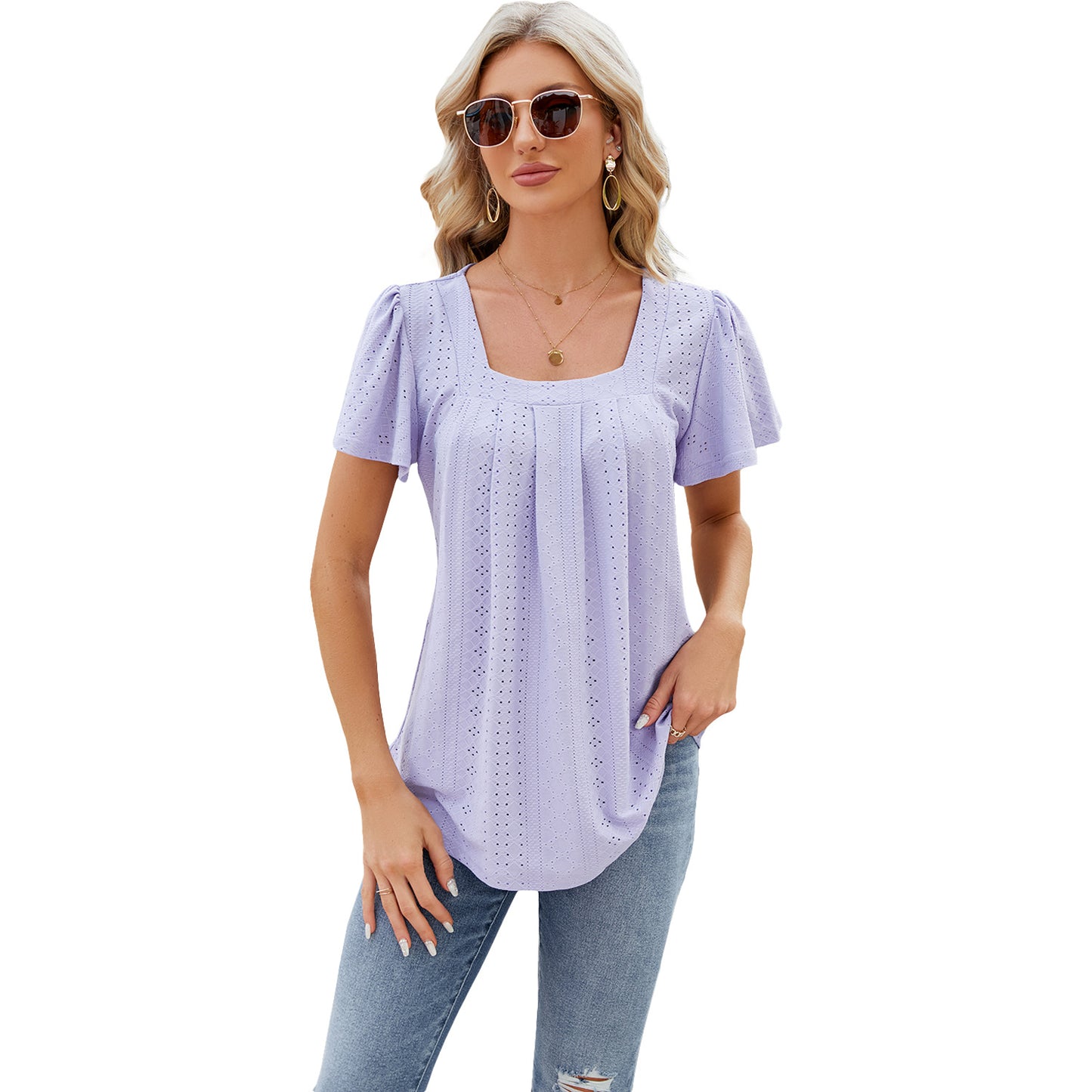 Women's Pleated Square Collar Jacquard Short-sleeved Dovetail Blouses