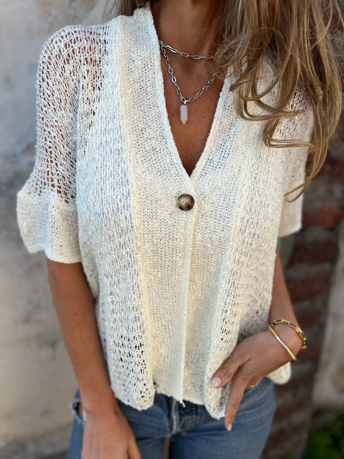 Women's One Button Half Sleeve Hollow Out Cardigans