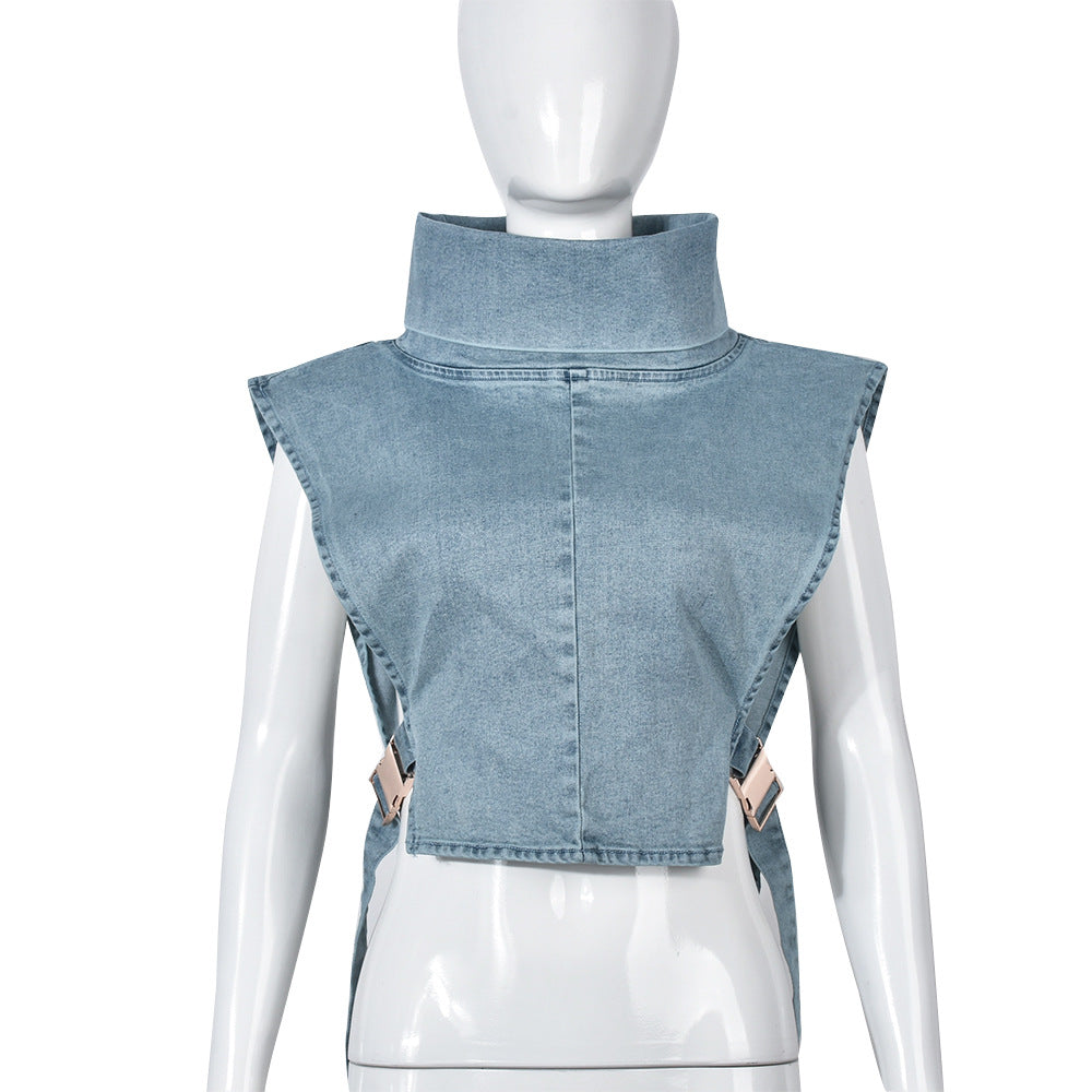 Women's Denim Washed Pile Collar Sleeveless For Vests