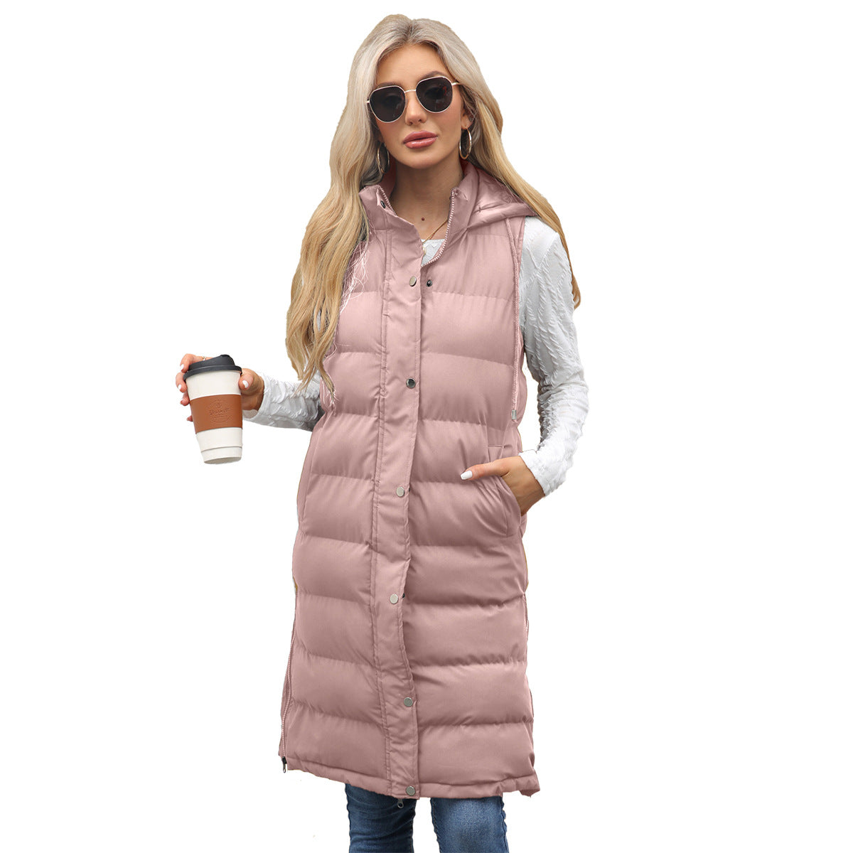 Women's Hooded Sleeveless Long Solid Color Zipper Vests
