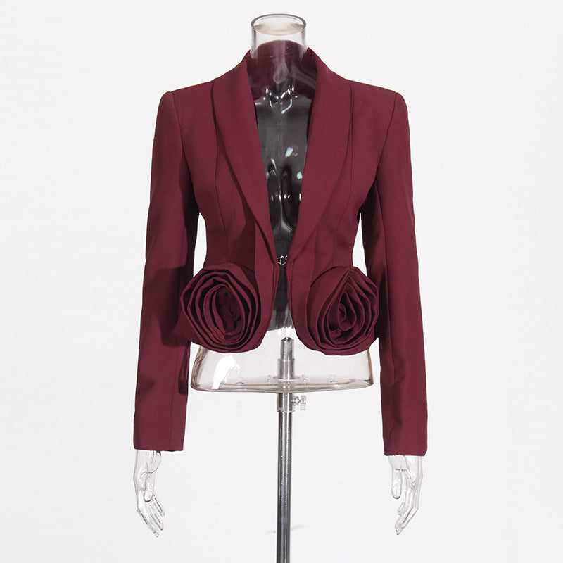 Women's Autumn Stitching Three-dimensional Rose Pleated High Suits