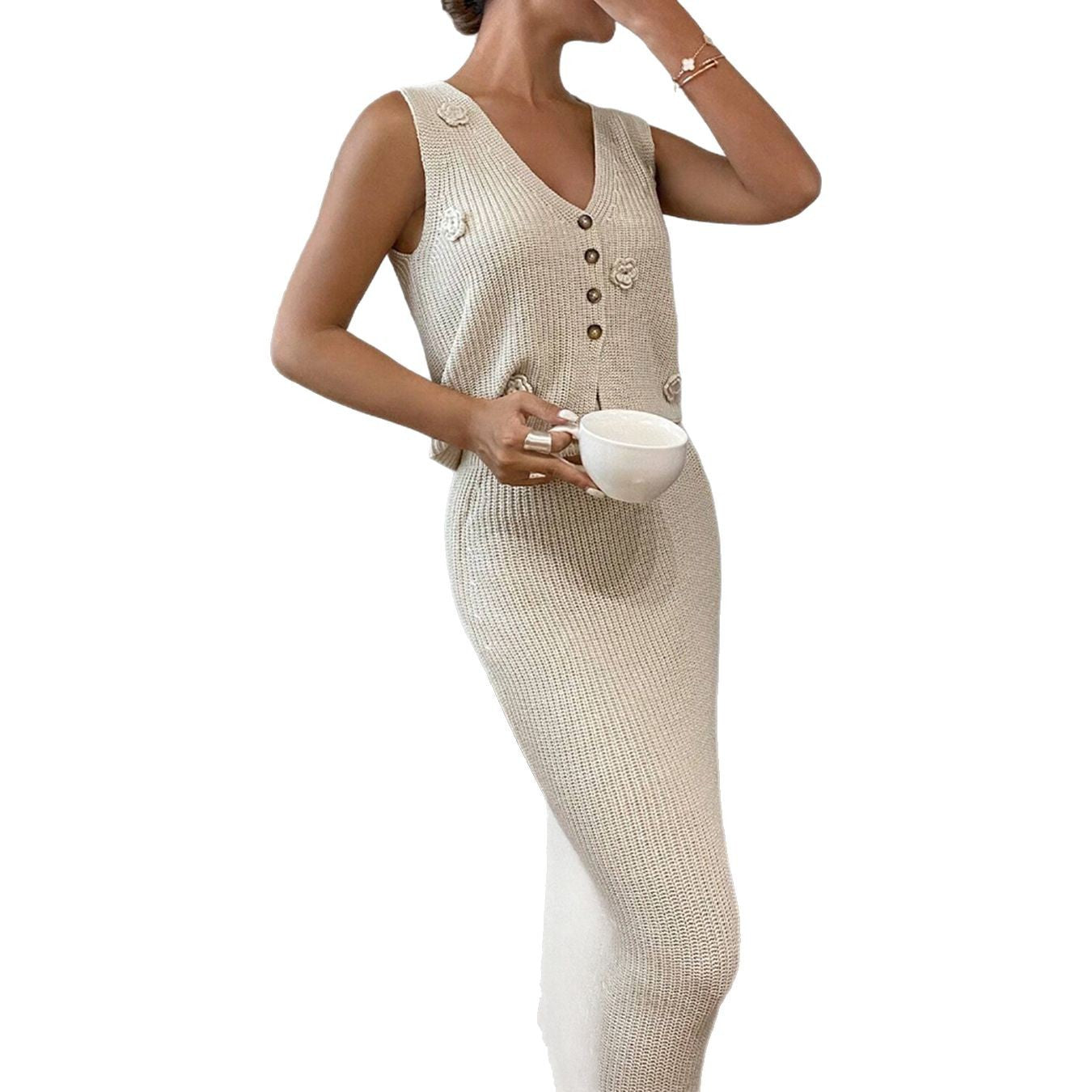 Flower Knitted Fitted Waist Dress Sleeveless Waistcoat Sweaters