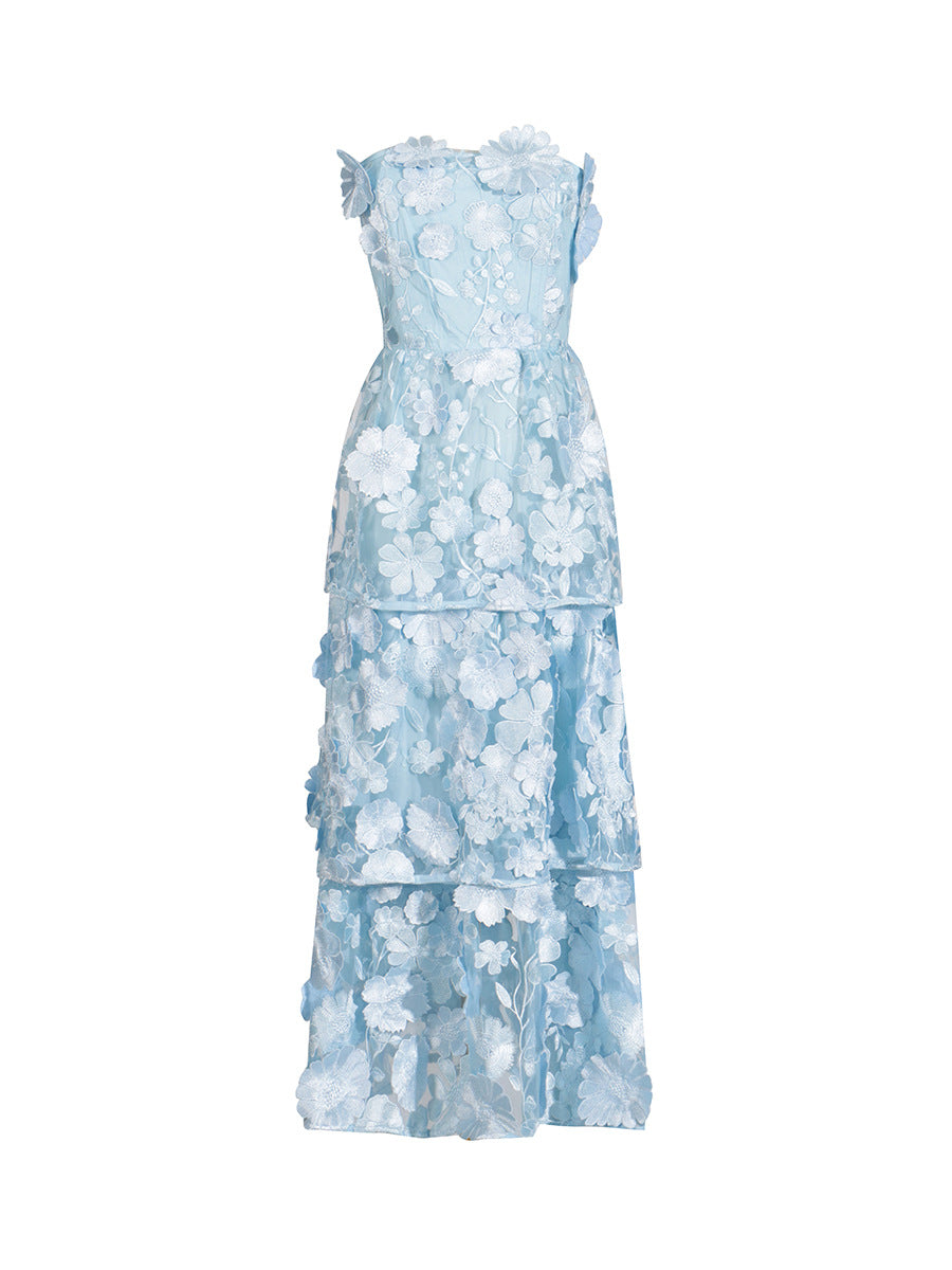 Women's Tube Three-dimensional Stitching Flower Design Ruffled Long Dresses
