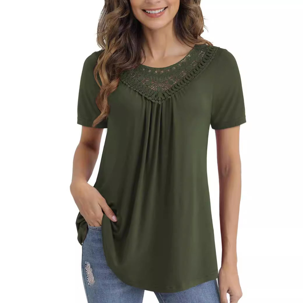Women's Summer Sleeve Lace Pleated Shirt Waist Blouses