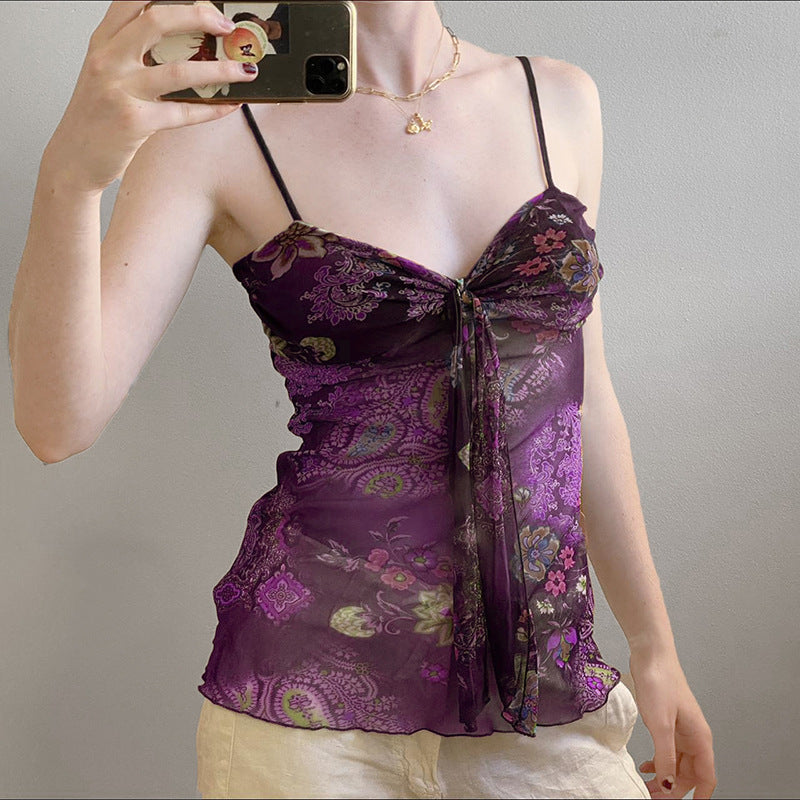 Floral Printed Lace Up Mesh Hot Sexy See-through Tops