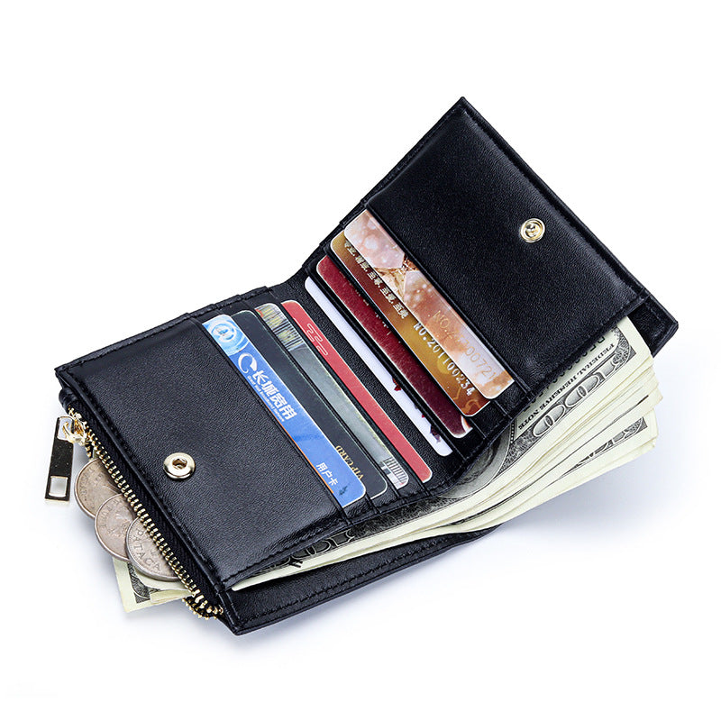 Women's Short Sheepskin Woven Fashion Folding Multifunctional Ladies Wallets