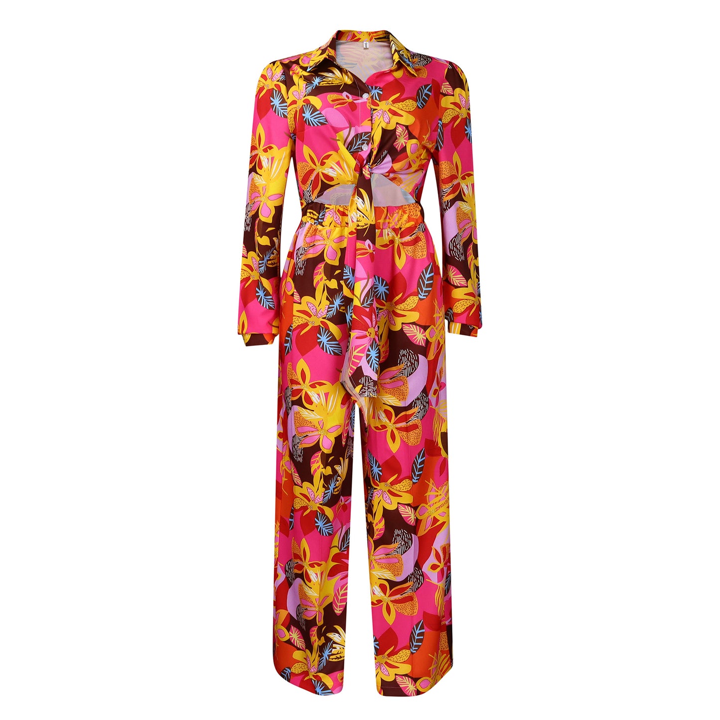 Women's Fashion Printed Two-piece Lapel Bandage Shirt Suits