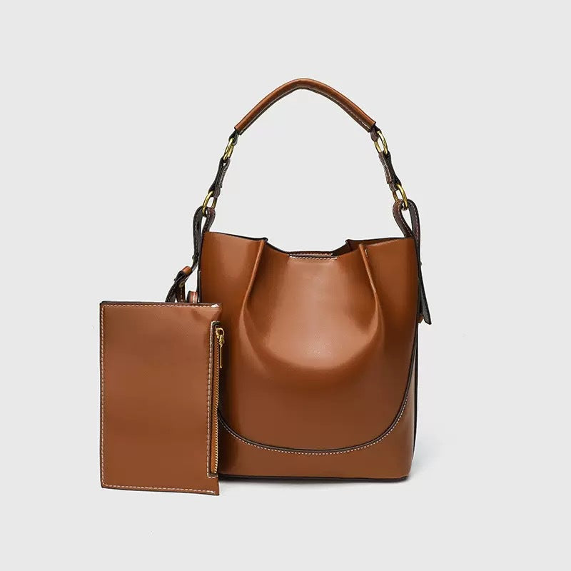 Women's Spanish Brown Pleated Drawstring Versatile Wide Crossbody Bags