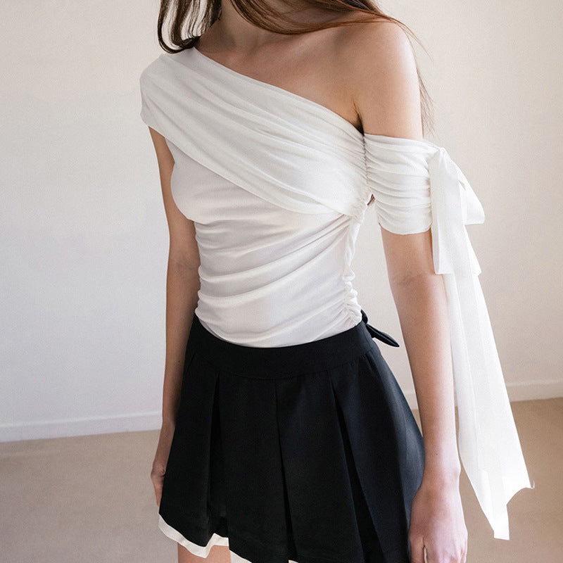 Diagonal Collar Bow Design Pleated Waist Tight Blouses