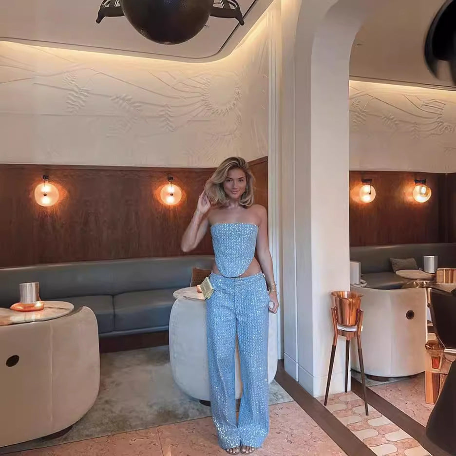 Women's Classic Sexy Denim Sequined Tube Suits