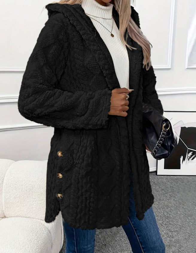 Hooded Solid Color Button Long Sleeve Sweaters