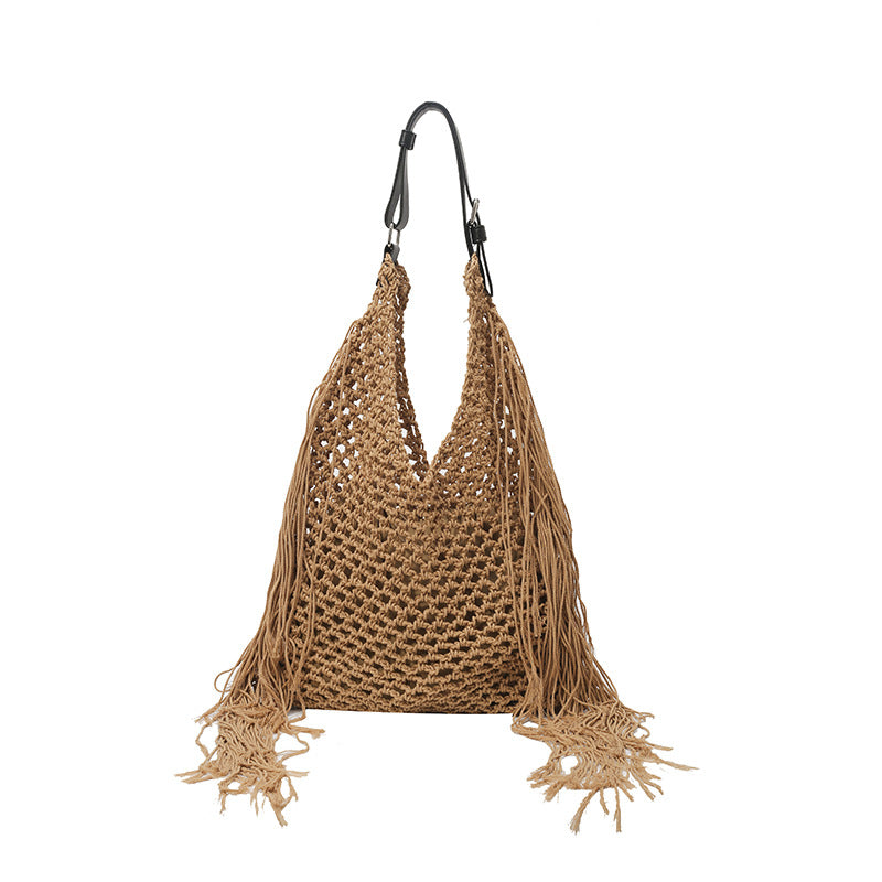 Women's Retro Tassel Hollow Hand-woven Beach Commuter Tote Bags
