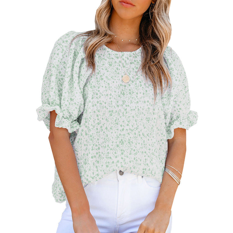 Women's Chiffon Sleeve Round Neck Printed Puff Blouses