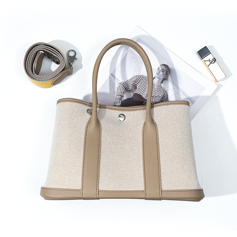 Women's Layer Cowhide Large Capacity Canvas Contrast Color Handbags