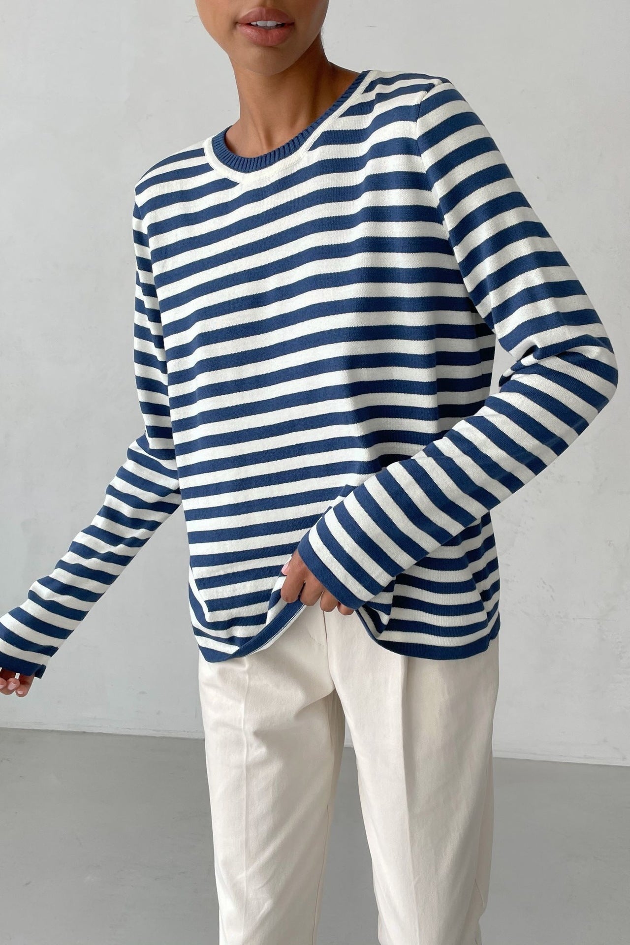 Women's Round Neck Knitted Striped Spring Versatile Sweaters