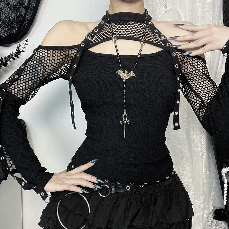 Women's Sexy Hot Fishnet Patchwork Cold-shoulder Long-sleeved Blouses