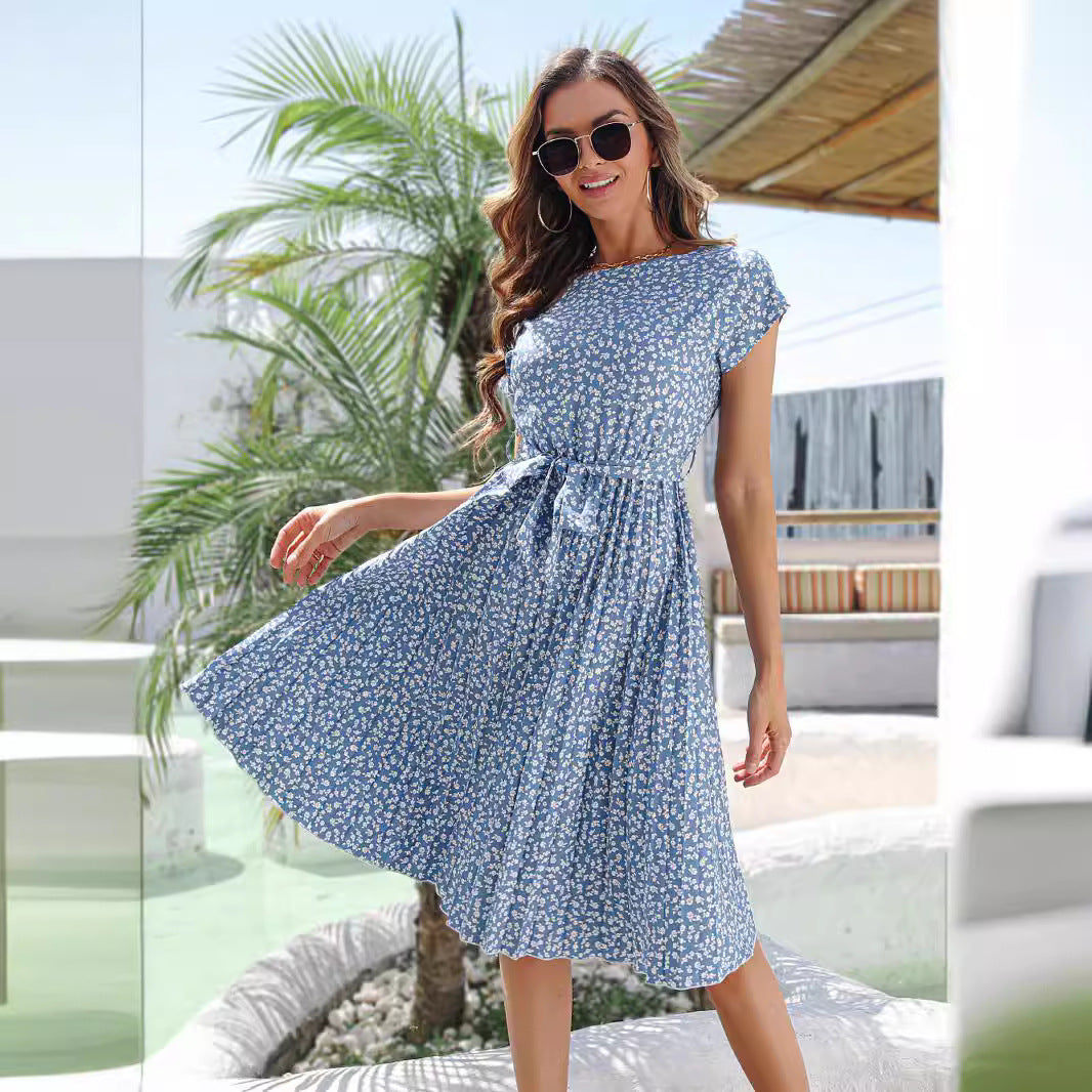 Slouchy Casual Sleeve Floral Print Pleated Dresses