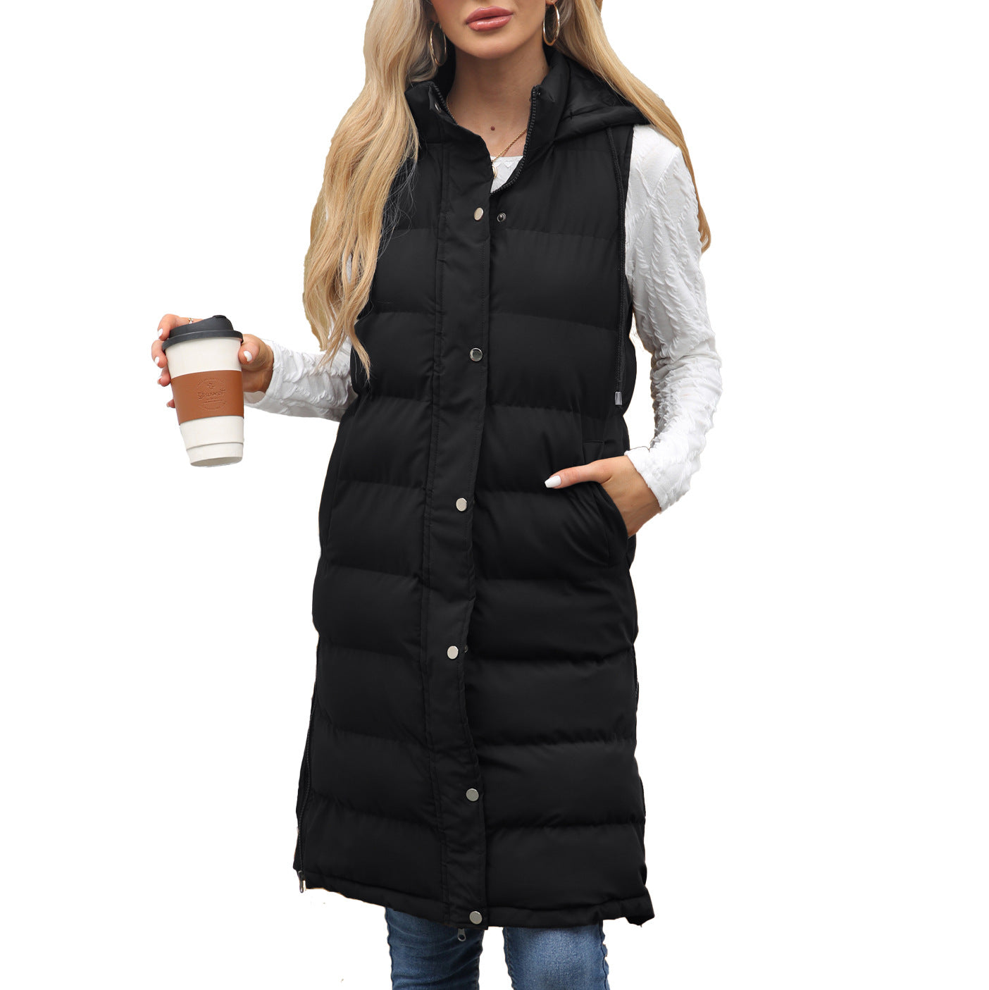 Women's Hooded Sleeveless Long Solid Color Zipper Vests